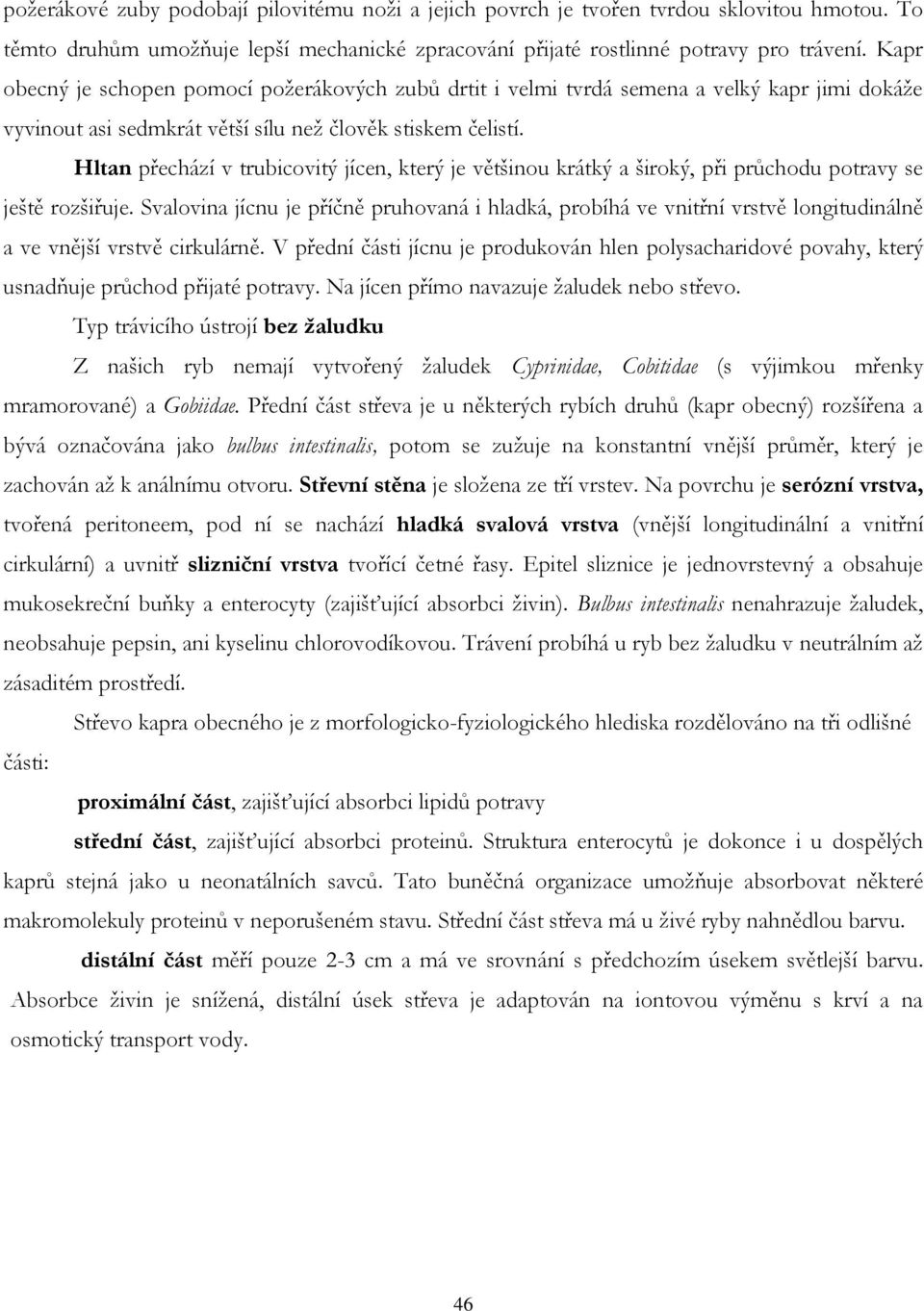 Hltan přechází v trubicovitý jícen, který je většinou krátký a široký, při průchodu potravy se ještě rozšiřuje.