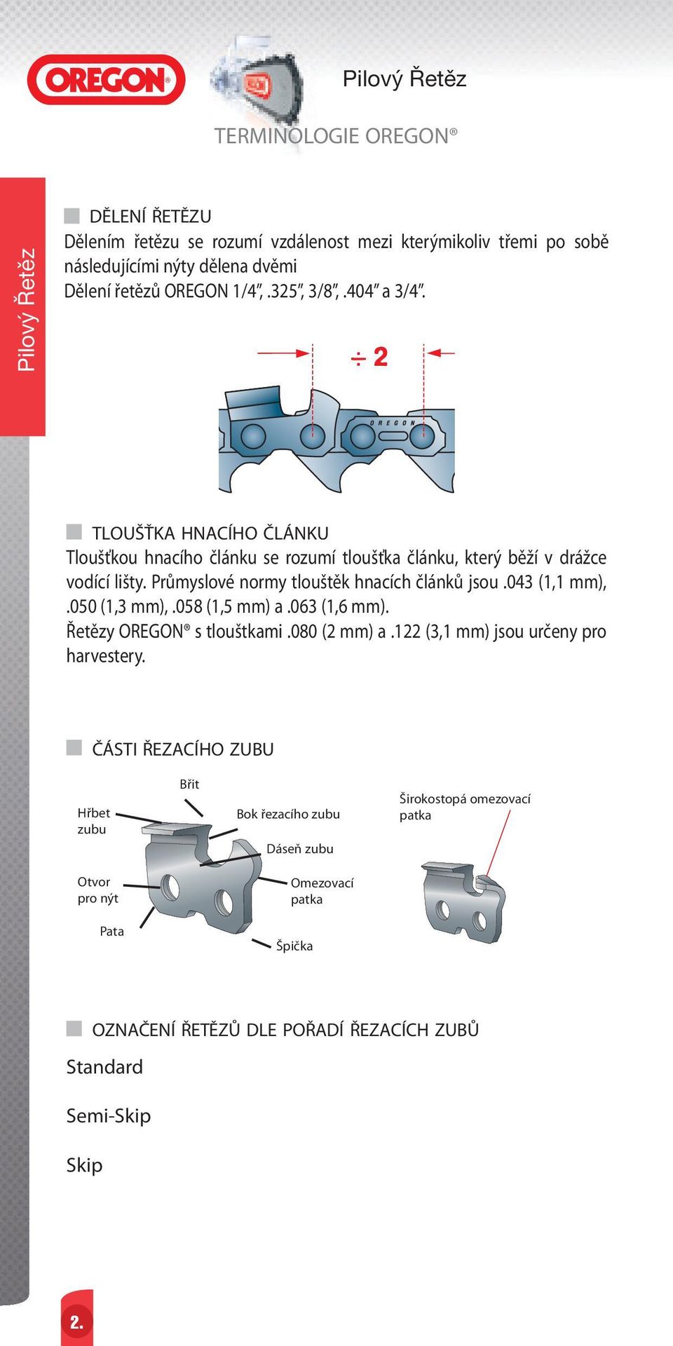 043 (1,1 mm),.050 (1,3 mm),.058 (1,5 mm) a.063 (1,6 mm). Řetězy OREGON s tlouštkami.080 (2 mm) a.122 (3,1 mm) jsou určeny pro harvestery.