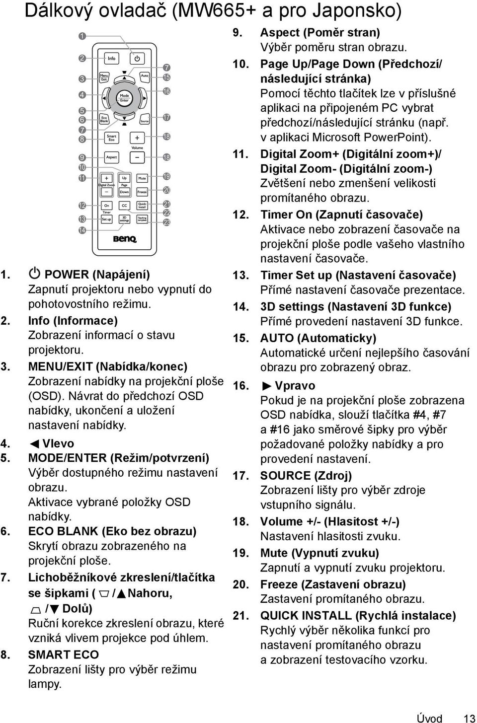 MODE/ENTER (Režim/potvrzení) Výběr dostupného režimu nastavení obrazu. Aktivace vybrané položky OSD nabídky. 6. ECO BLANK (Eko bez obrazu) Skrytí obrazu zobrazeného na projekční ploše. 7.