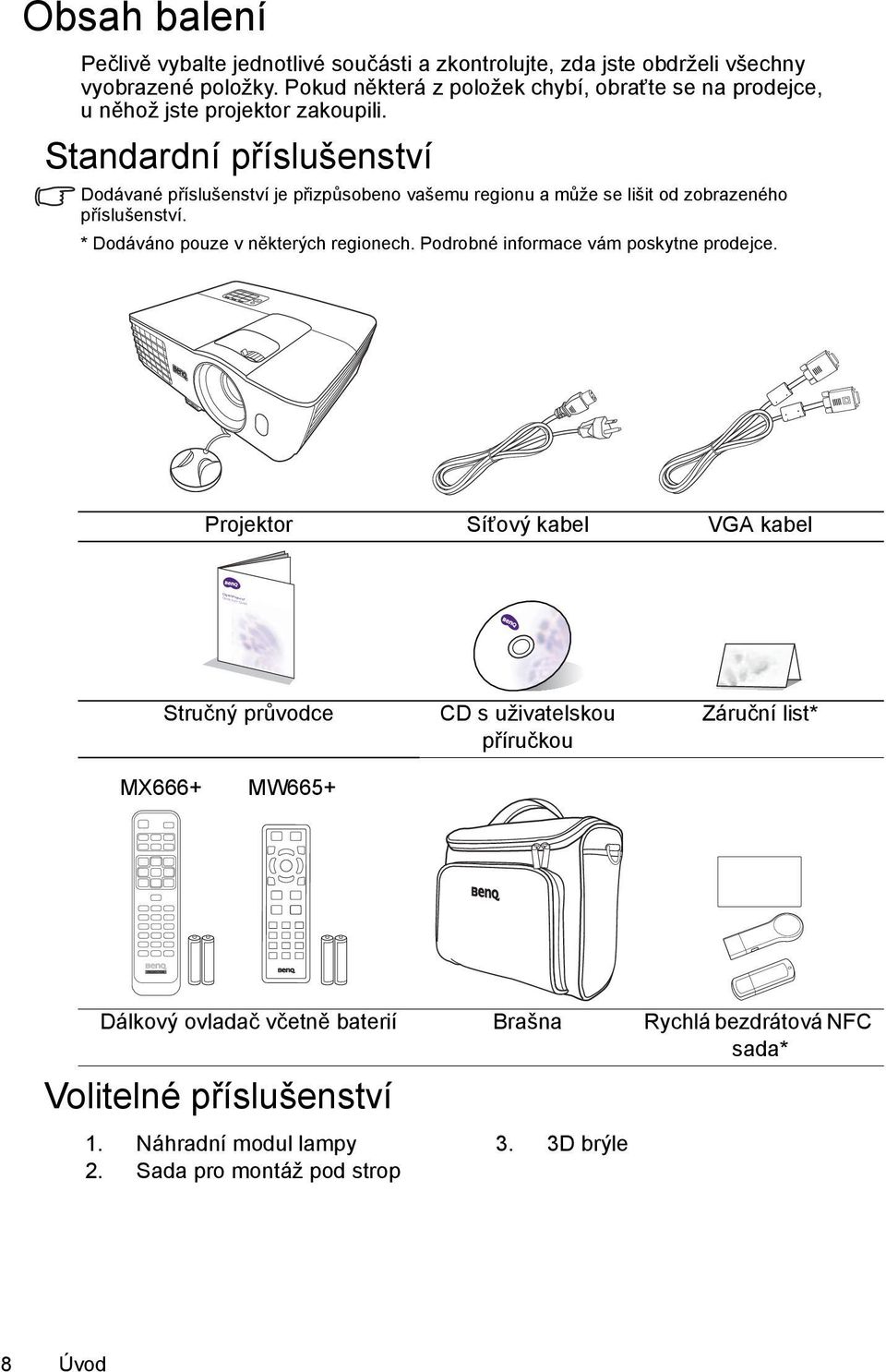 Standardní příslušenství Dodávané příslušenství je přizpůsobeno vašemu regionu a může se lišit od zobrazeného příslušenství. * Dodáváno pouze v některých regionech.