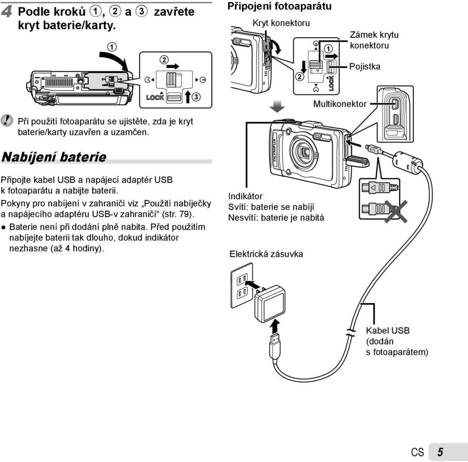 3 Multikonektor Nabíjení baterie Připojte kabel USB a napájecí adaptér USB k fotoaparátu a nabijte baterii.