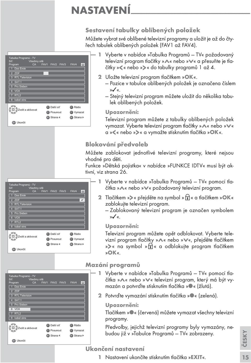1 5 Pro Sieben 6 OX RTL2 kabel eins Zvolit a aktivovat EXIT Ukončit Další síť Rádio Posunout ymazat Strana $ Pr+ Strana Blokování předvoleb Můžete zablokovat jednotlivé televizní programy, které