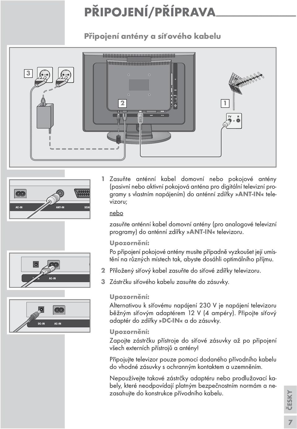 zdířky»ant-in«televizoru. Po připojení pokojové antény musíte případně vyzkoušet její umístění na různých místech tak, abyste dosáhli optimálního příjmu.