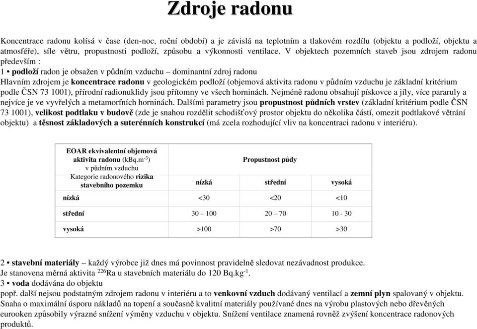 V objektech pozemních staveb jsou zdrojem radonu především : 1 podloží radon je obsažen v půdním vzduchu dominantní zdroj radonu Hlavním zdrojem je koncentrace radonu v geologickém podloží (objemová