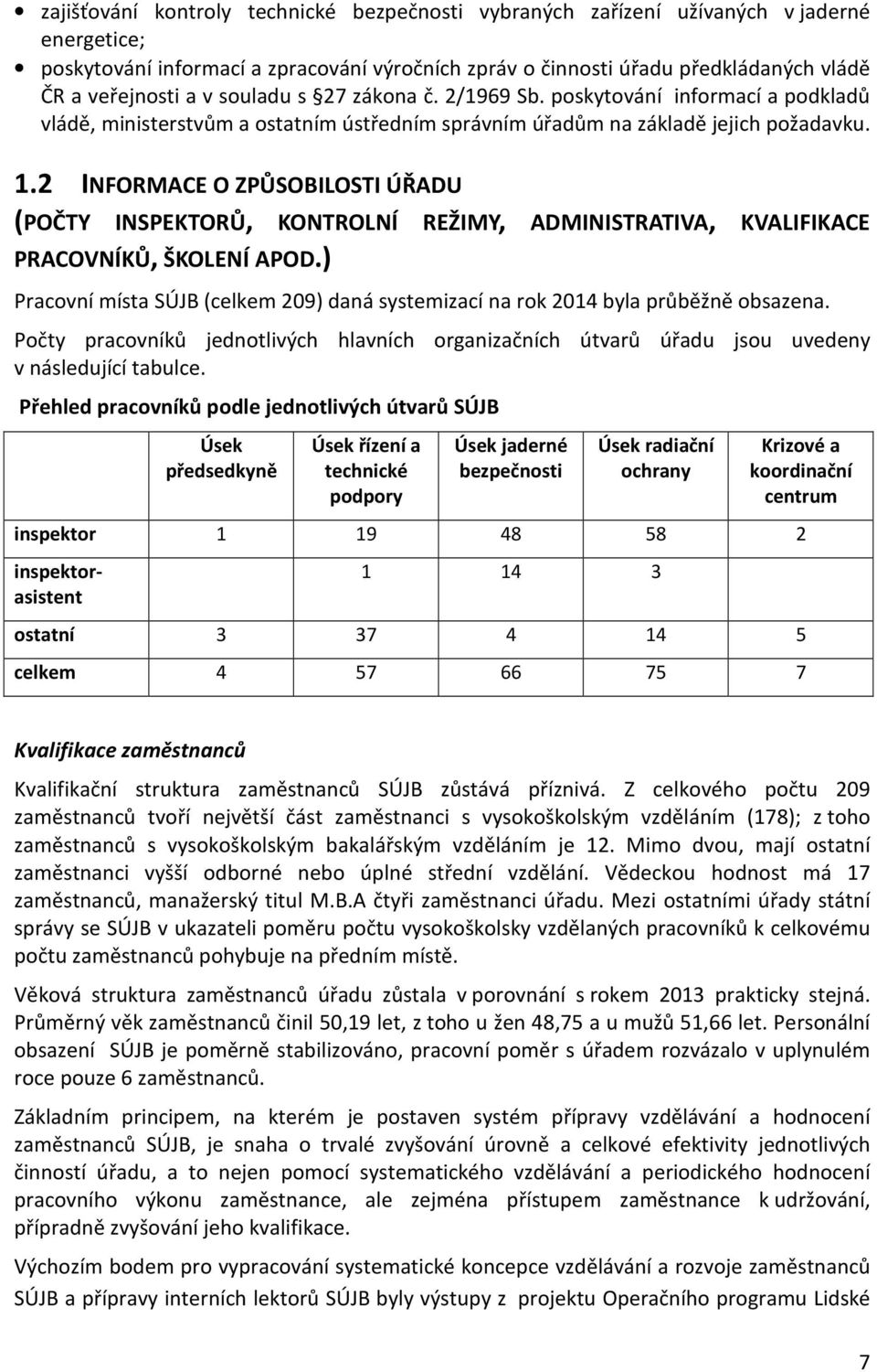 2 INFORMACE O ZPŮSOBILOSTI ÚŘADU (POČTY INSPEKTORŮ, KONTROLNÍ REŽIMY, ADMINISTRATIVA, KVALIFIKACE PRACOVNÍKŮ, ŠKOLENÍ APOD.