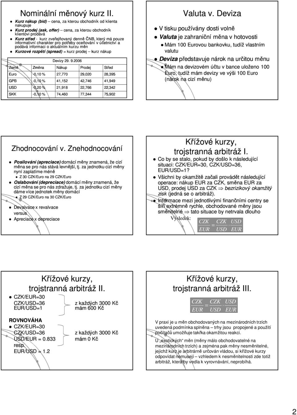 informativní charakter pro potřeby oceňování v účetnictví a podává informaci o aktuálním kurzu měn Kurzové rozpětí (spread) = kurz prodej kurz nákup Země Změna evizy 29. 9.