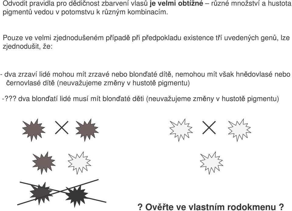 Pouze ve velmi zjednodušeném pípad pi pedpokladu existence tí uvedených gen, lze zjednodušit, že: - dva zrzaví lidé