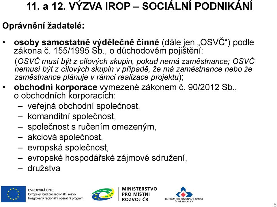 nebo že zaměstnance plánuje v rámci realizace projektu); obchodní korporace vymezené zákonem č. 90/2012 Sb.