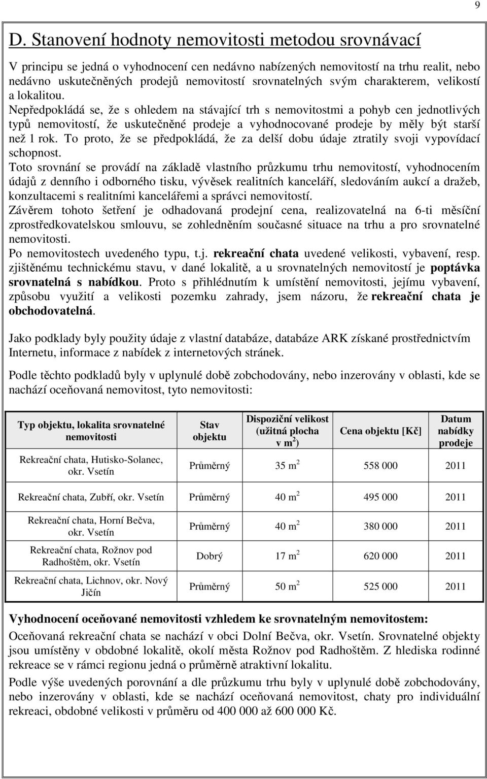 Nepředpokládá se, že s ohledem na stávající trh s nemovitostmi a pohyb cen jednotlivých typů nemovitostí, že uskutečněné prodeje a vyhodnocované prodeje by měly být starší než 1 rok.