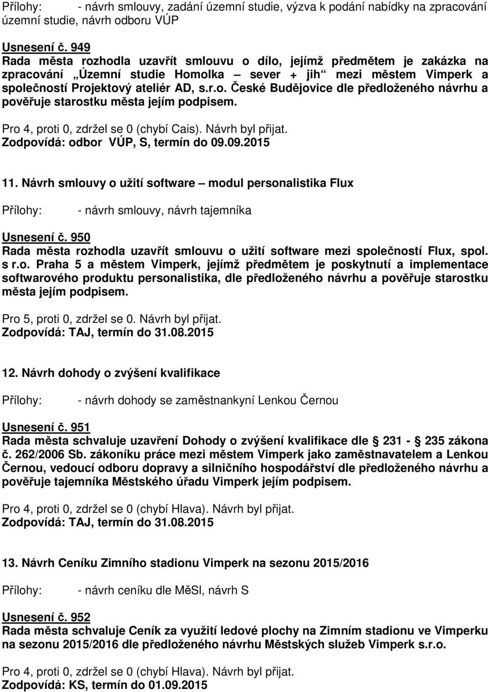 Pro 4, proti 0, zdržel se 0 (chybí Cais). Návrh byl přijat. Zodpovídá: odbor VÚP, S, termín do 09.09.2015 11.