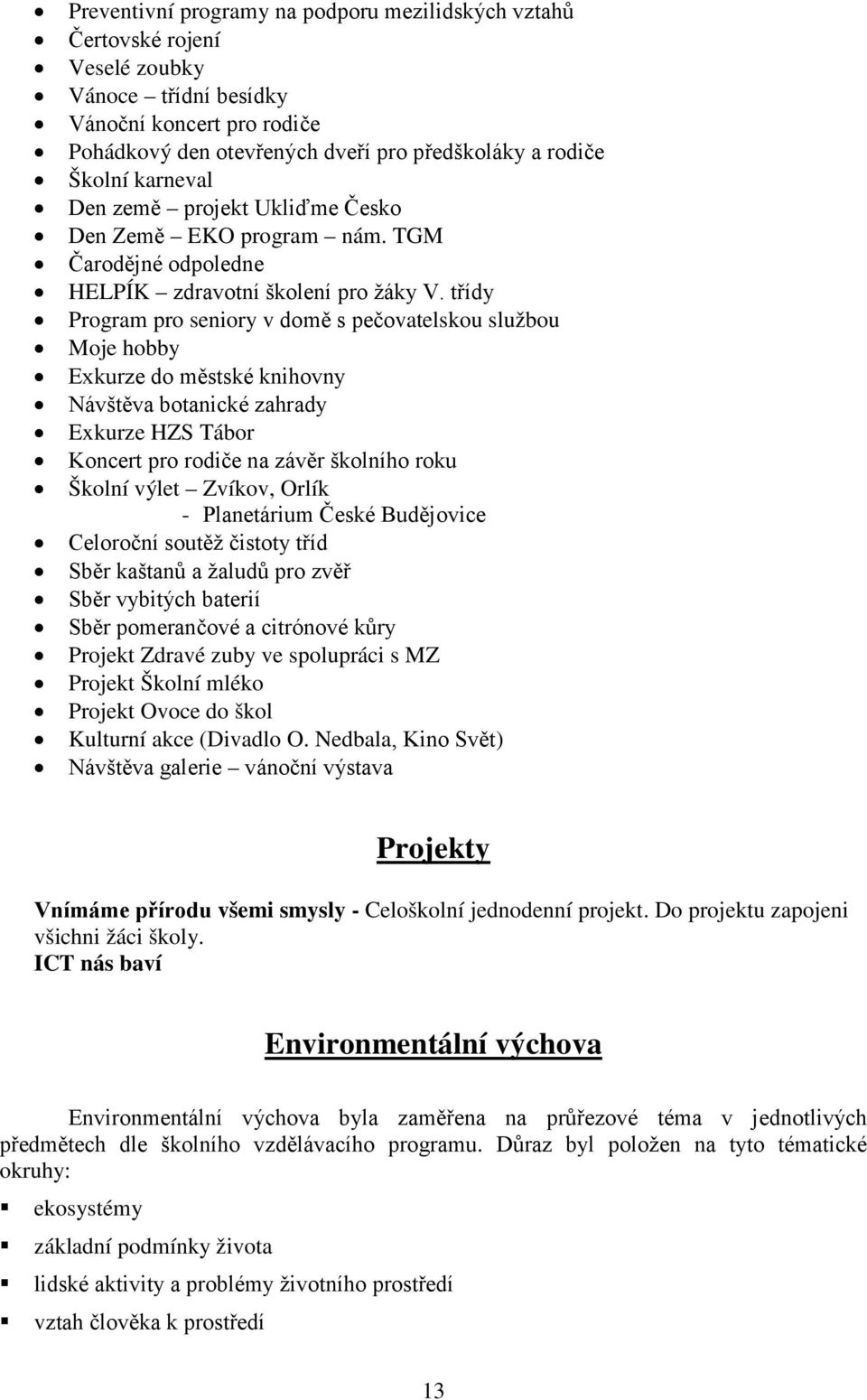 třídy Program pro seniory v domě s pečovatelskou službou Moje hobby Exkurze do městské knihovny Návštěva botanické zahrady Exkurze HZS Tábor Koncert pro rodiče na závěr školního roku Školní výlet