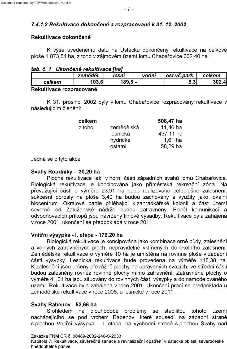 celkem celkem 103,6 189,5-9,3 302,4 Rekultivace rozpracované ᒇ啇 3 p i ci 2002 b l v l ᒇ啇h b ᖗ咧 vic p c vᖗ咧 k l iv c v ᖗ咧 l d j c თ匷l ě : ᒇ啇 d ᖗ咧 kc : celkem 508,47 ha h : ěděl kᖗ咧 ᖗ咧 6 h l ickᖗ咧 3 ᖗ咧