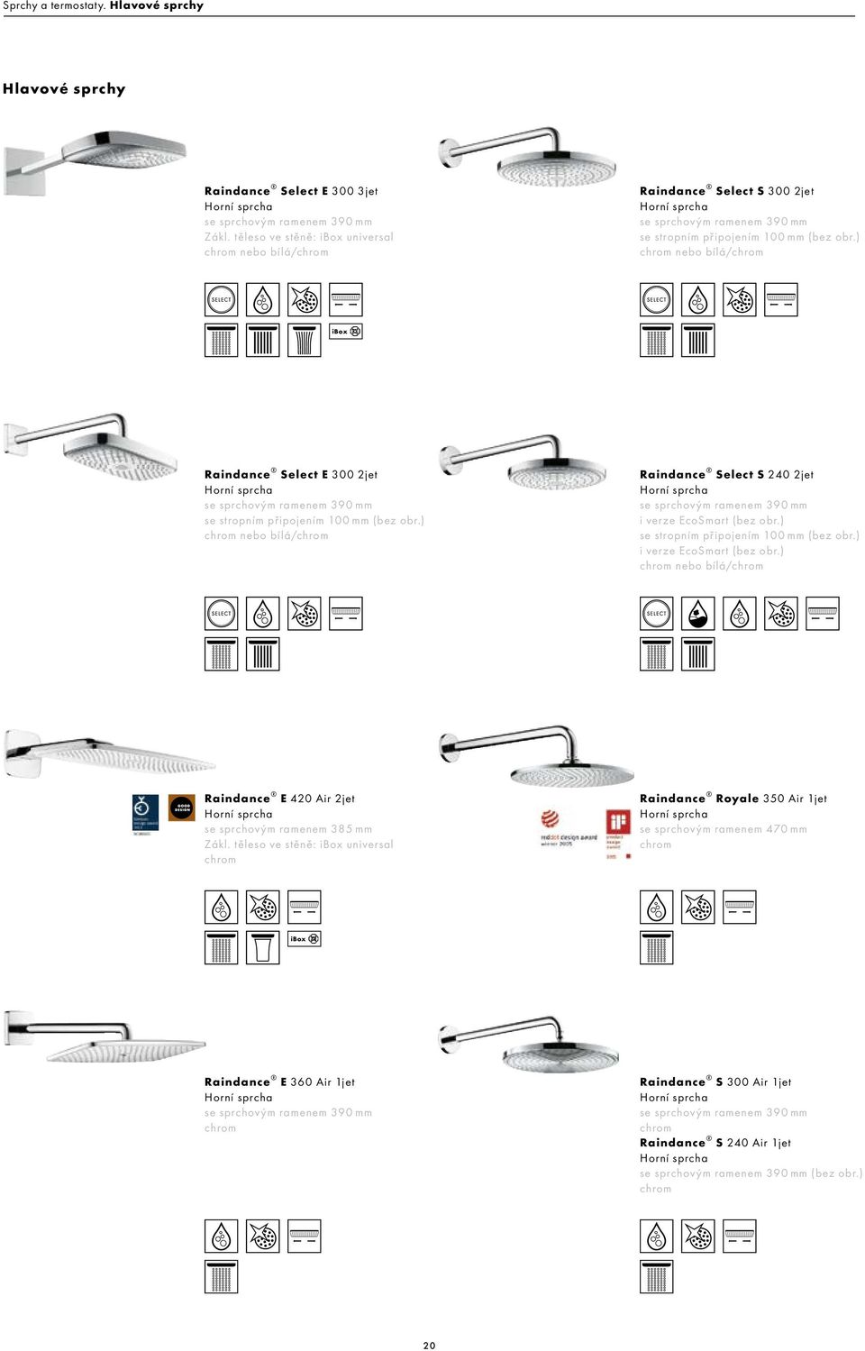 ) nebo bílá/ ibox Raindance Select E 300 2jet Horní sprcha se sprchovým ramenem 390 mm se stropním připojením 100 mm (bez obr.