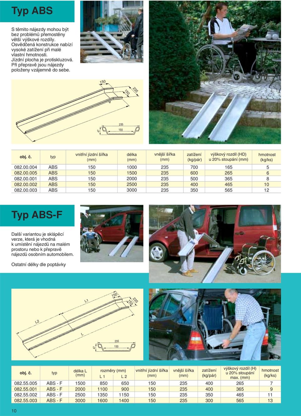 00.001 082.00.002 ABS ABS 2000 2500 235 235 500 400 365 465 8 10 082.00.003 ABS 3000 235 565 12 hmotnost (kg/ks) Typ ABS-F Dal í variantou je sklápûcí verze, která je vhodná k umístûní nájezdû na malém prostoru nebo k pfiepravû nájezdû osobním automobilem.