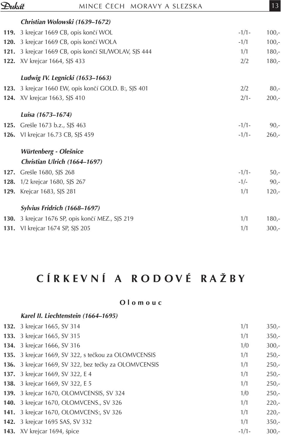 XV krejcar 1663, SJS 410 2/1-200,- Luisa (1673 1674) 125. Grešle 1673 b.z., SJS 463-1/1-90,- 126. VI krejcar 16.73 CB, SJS 459-1/1-260,- Würtenberg - Olešnice Christian Ulrich (1664 1697) 127.