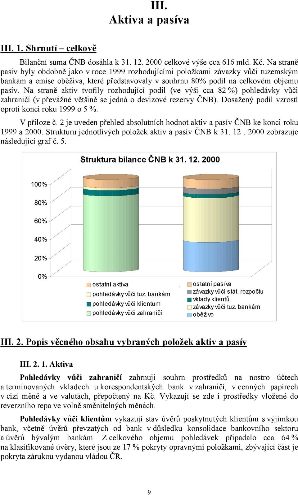 Na straně aktiv tvořily rozhodující podíl (ve výši cca 82 %) pohledávky vůči zahraničí (v převážné většině se jedná o devizové rezervy ČNB). Dosažený podíl vzrostl oproti konci roku 1999 o 5 %.