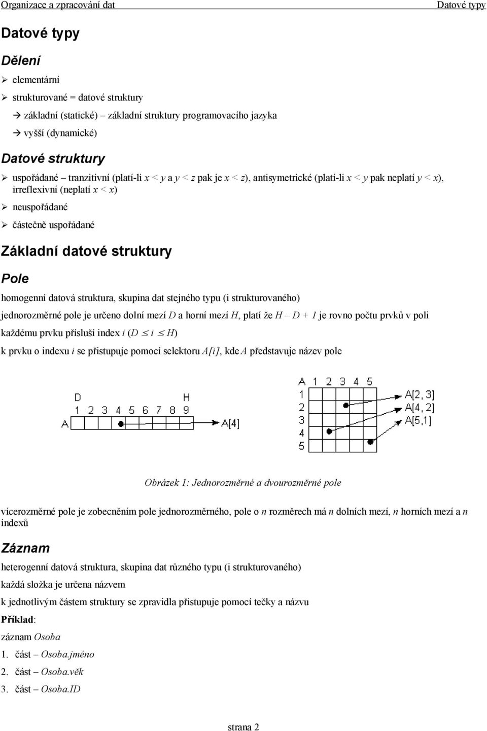 skupina dat stejného typu (i strukturovaného) jednorozměrné pole je určeno dolní mezí D a horní mezí H, platí že H D + 1 je rovno počtu prvků v poli každému prvku přísluší inde i (D i H) k prvku o