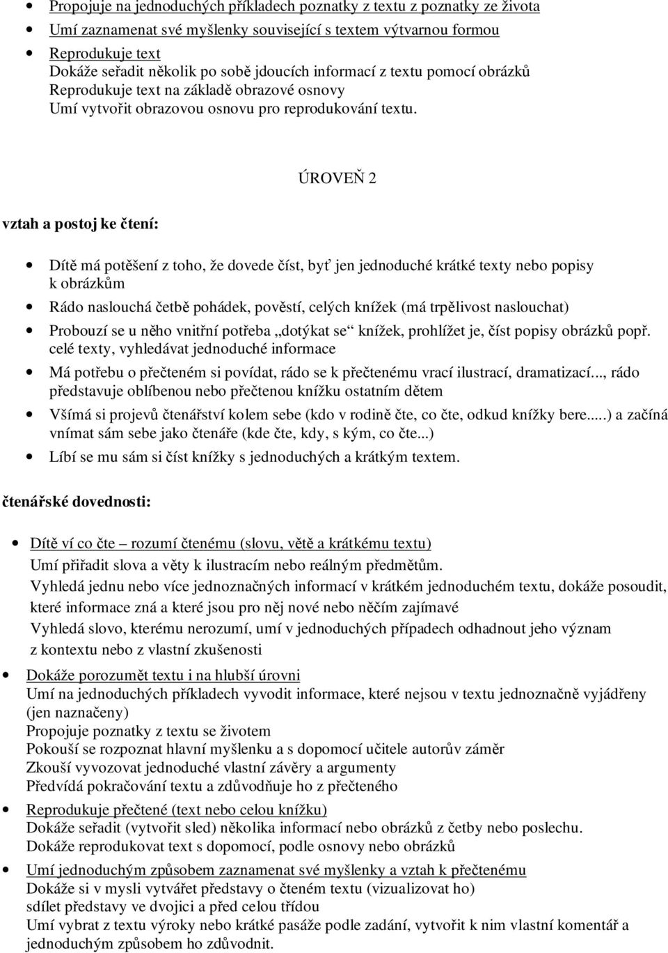 ÚROVEŇ 2 vztah a postoj ke čtení: Dítě má potěšení z toho, že dovede číst, byť jen jednoduché krátké texty nebo popisy k obrázkům Rádo naslouchá četbě pohádek, pověstí, celých knížek (má trpělivost