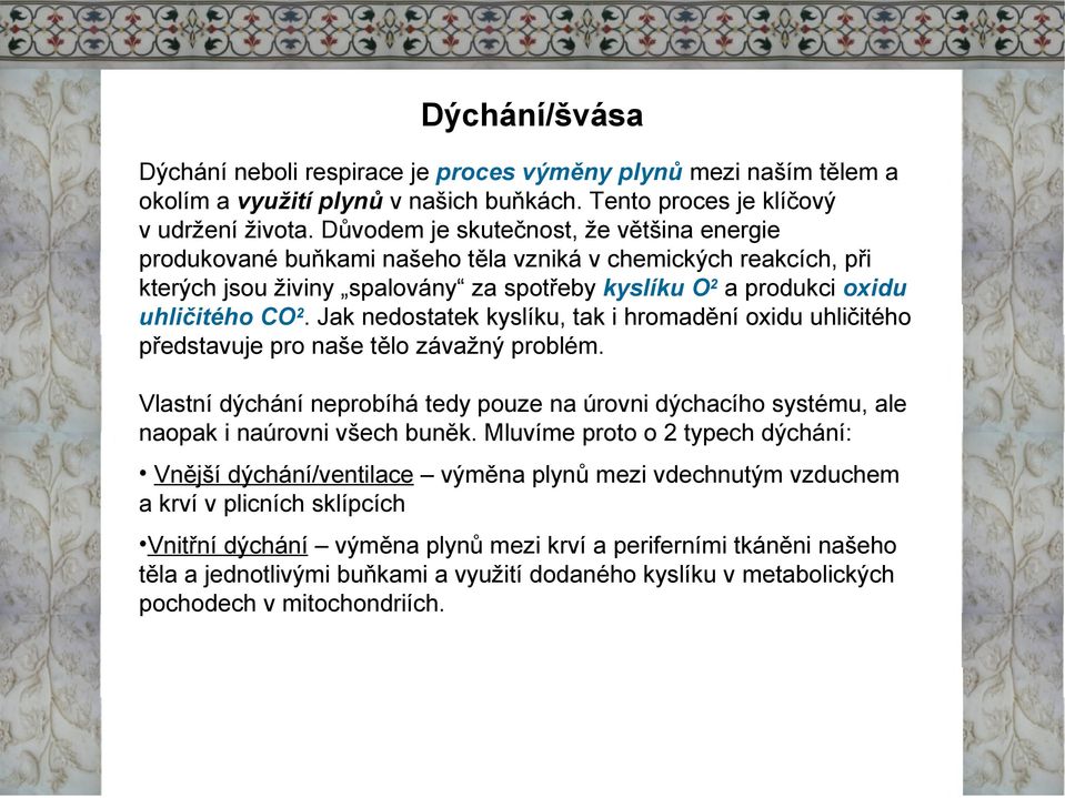 Jak nedostatek kyslíku, tak i hromadění oxidu uhličitého představuje pro naše tělo závažný problém. Vlastní dýchání neprobíhá tedy pouze na úrovni dýchacího systému, ale naopak i naúrovni všech buněk.