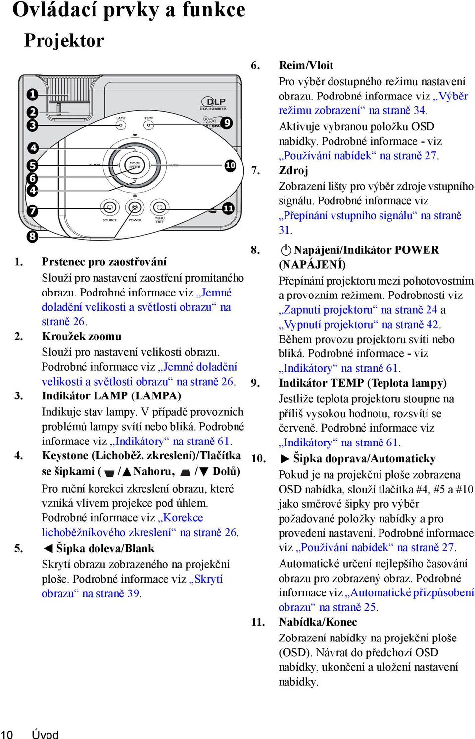 Podrobné informace viz Jemné doladění velikosti a světlosti obrazu na straně 26. 3. Indikátor LAMP (LAMPA) Indikuje stav lampy. V případě provozních problémů lampy svítí nebo bliká.