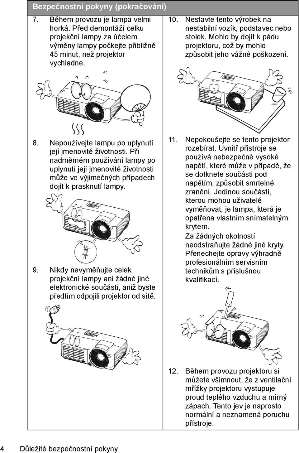 Nepoužívejte lampu po uplynutí její jmenovité životnosti. Při nadměrném používání lampy po uplynutí její jmenovité životnosti může ve výjimečných případech dojít k prasknutí lampy. 9.