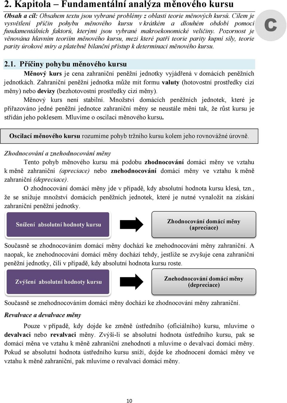 Pozornost je věnována hlavním teoriím měnového kursu, mezi které patří teorie parity kupní síly, teorie parity úrokové míry a platebně bilanční přístup k determinaci měnového kursu. C 2.1.