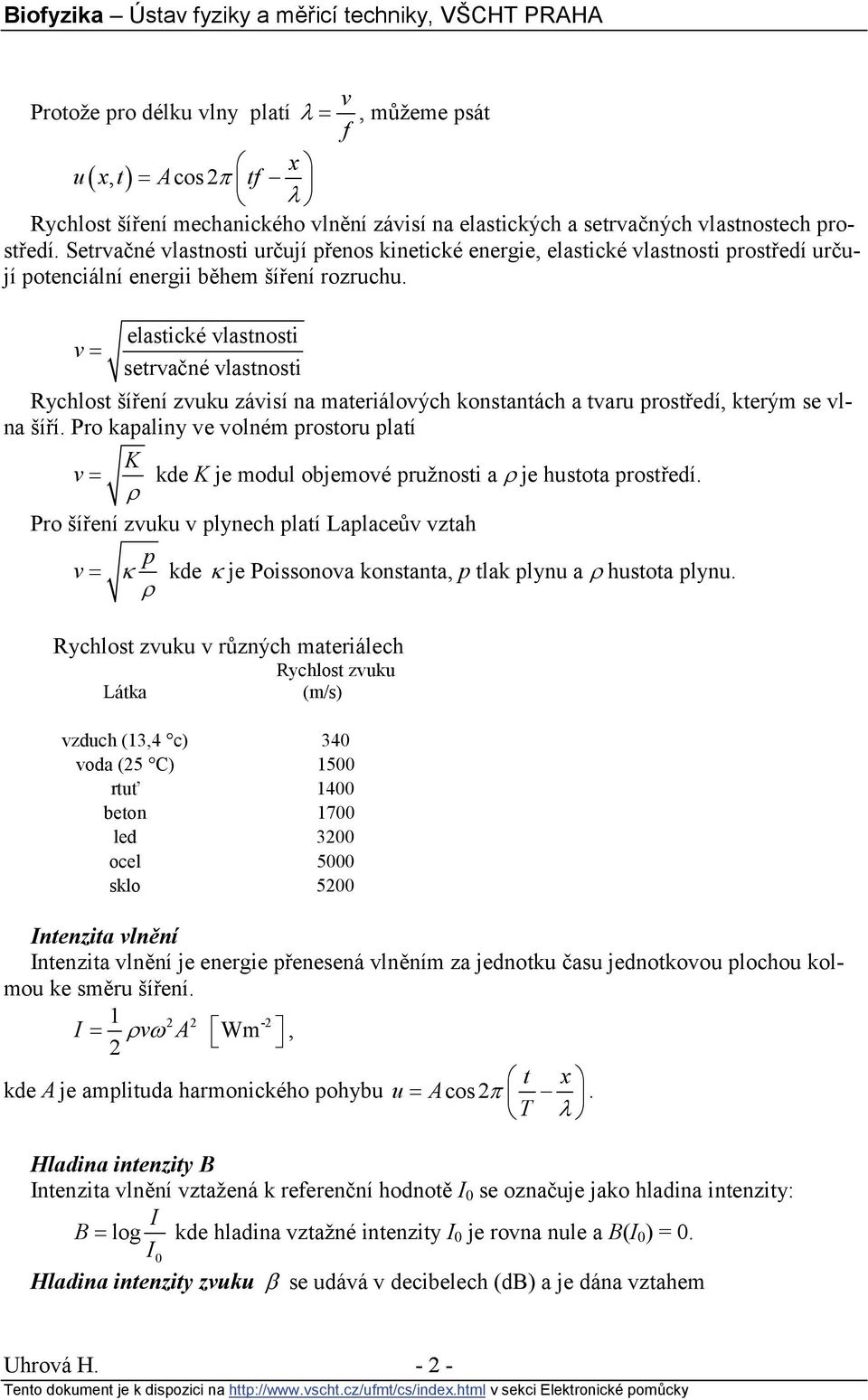 elastické vlastnosti v = setrvačné vlastnosti Rychlost šíření zvuku závisí na materiálových konstantách a tvaru prostředí, kterým se vlna šíří.