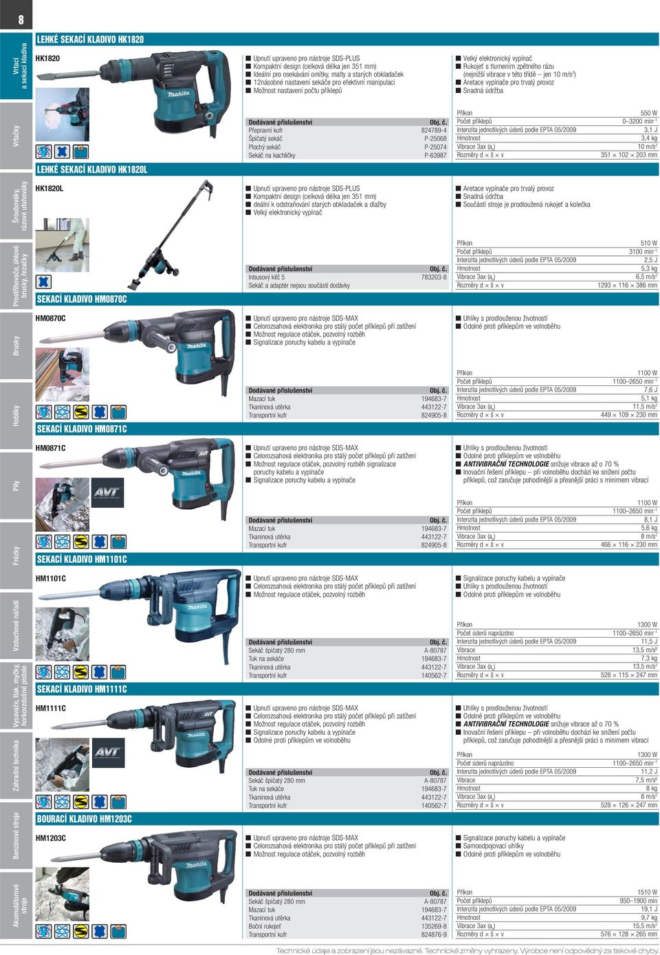 Snadná údržba Přepravní kufr 824789-4 Špičatý sekáč P-25068 Plochý sekáč P-25074 Sekáč na kachličky P-63987 550 W Počet příklepů 0 3200 min 1 3,1 J 3,4 kg Vibrace 3ax (a h ) 10 m/s 2 351 102 203 mm