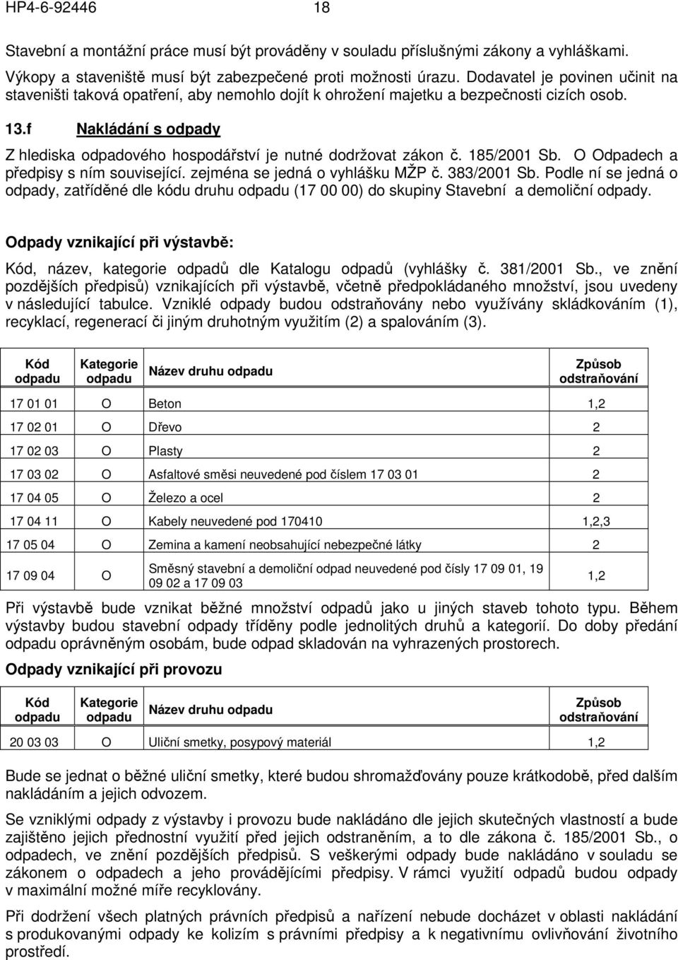 f Nakládání s odpady Z hlediska odpadového hospodářství je nutné dodržovat zákon č. 185/2001 Sb. O Odpadech a předpisy s ním související. zejména se jedná o vyhlášku MŽP č. 383/2001 Sb.