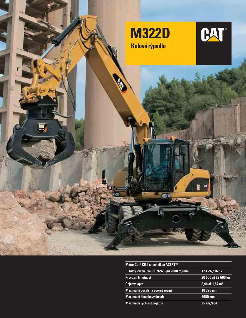 kw/167 k Provozní hmotnost 20 500 až 22 500 kg Objemy lopat 0,44 až 1,57