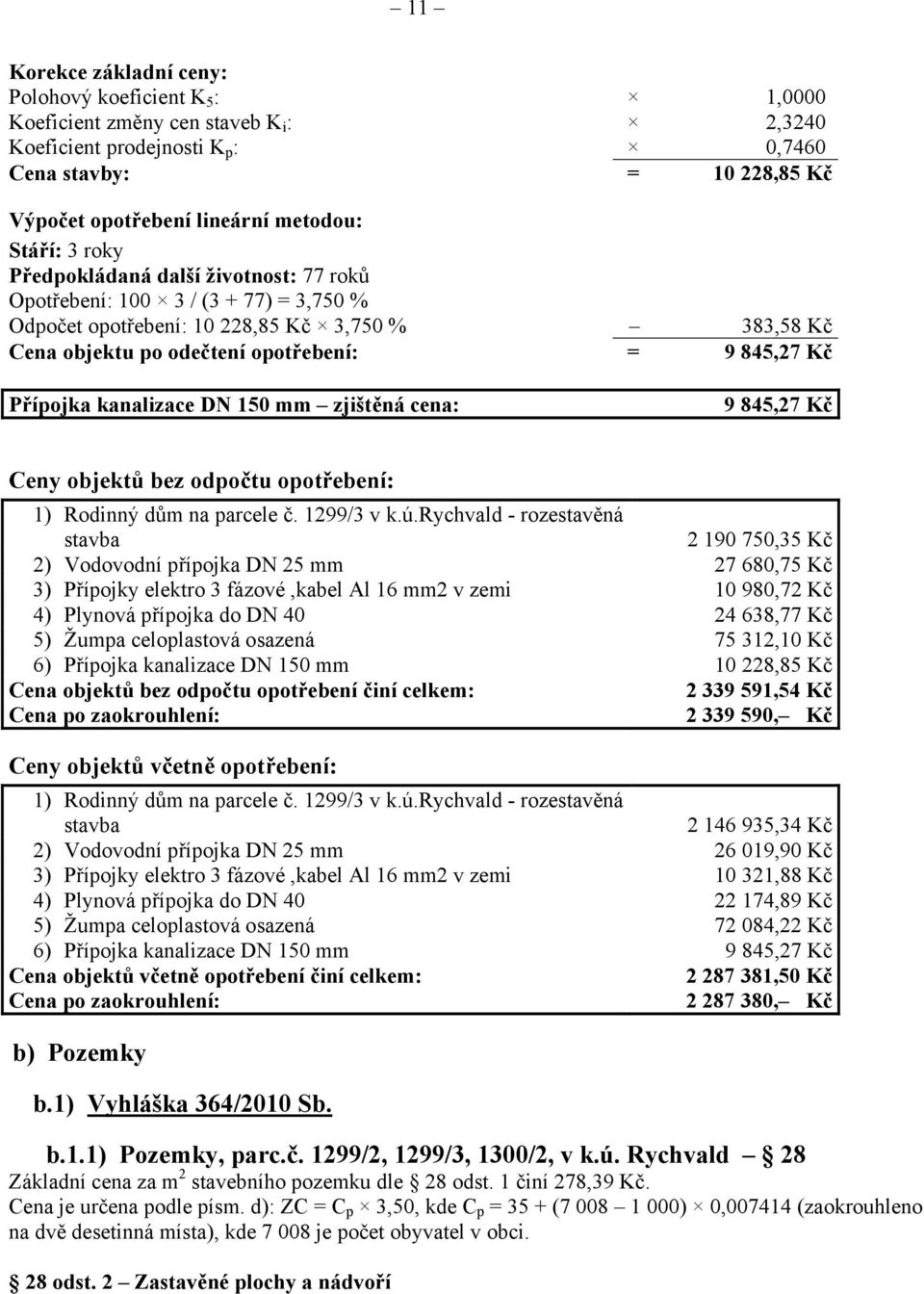 Kč Přípojka kanalizace DN 150 mm zjištěná cena: 9 845,27 Kč Ceny objektů bez odpočtu opotřebení: 1) Rodinný dům na parcele č. 1299/3 v k.ú.