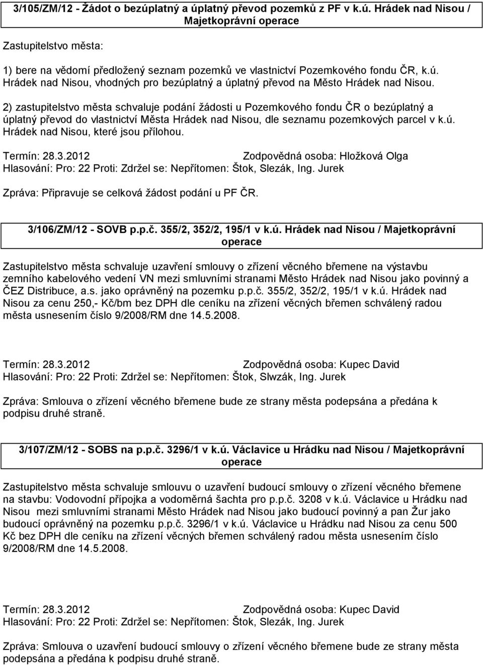 Zpráva: Připravuje se celková žádost podání u PF ČR. 3/106/ZM/12 - SOVB p.p.č. 355/2, 352/2, 195/1 v k.ú.