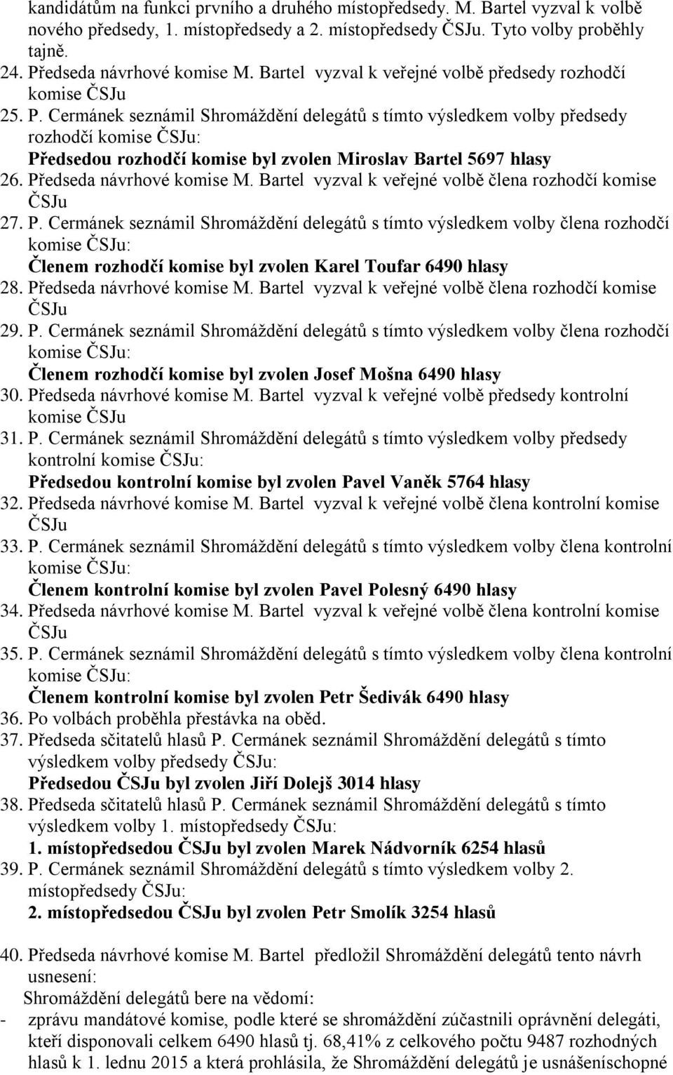 Cermánek seznámil Shromáždění delegátů s tímto výsledkem volby předsedy rozhodčí Předsedou rozhodčí komise byl zvolen Miroslav Bartel 5697 hlasy 26. Předseda návrhové komise M.