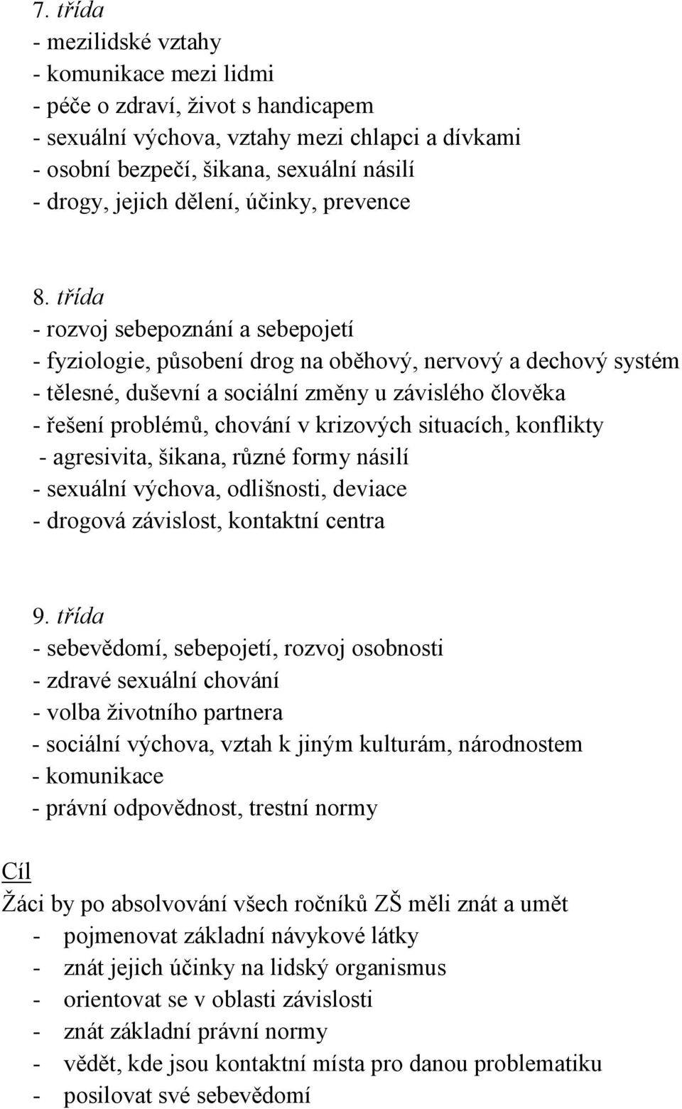 třída - rozvoj sebepoznání a sebepojetí - fyziologie, působení drog na oběhový, nervový a dechový systém - tělesné, duševní a sociální změny u závislého člověka - řešení problémů, chování v krizových