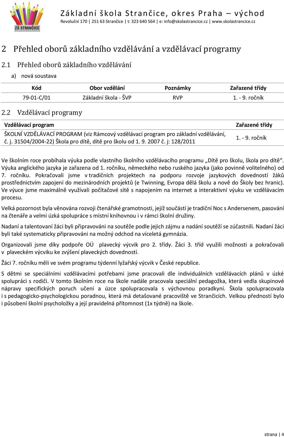 j: 128/2011 Zařazené třídy 1. - 9. ročník Ve školním roce probíhala výuka podle vlastního školního vzdělávacího programu Dítě pro školu, škola pro dítě. Výuka anglického jazyka je zařazena od 1.