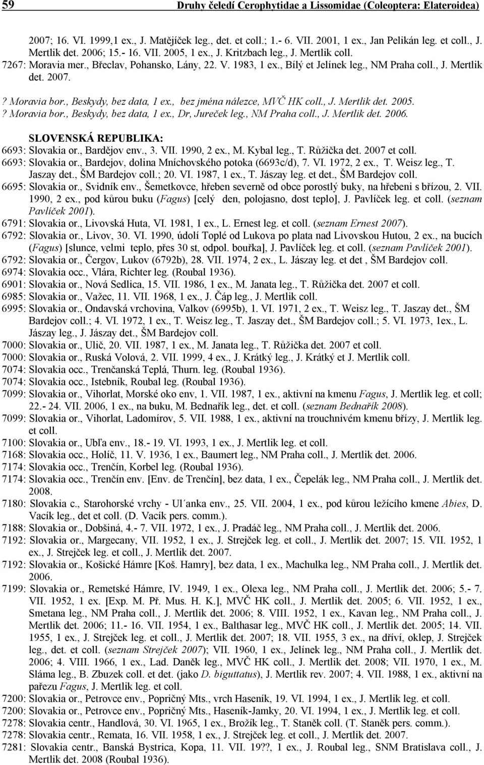 ? Moravia bor., Beskydy, bez data, 1 ex., bez jména nálezce, MVČ HK coll., J. Mertlik det. 2005.? Moravia bor., Beskydy, bez data, 1 ex., Dr, Jureček leg., NM Praha coll., J. Mertlik det. 2006.