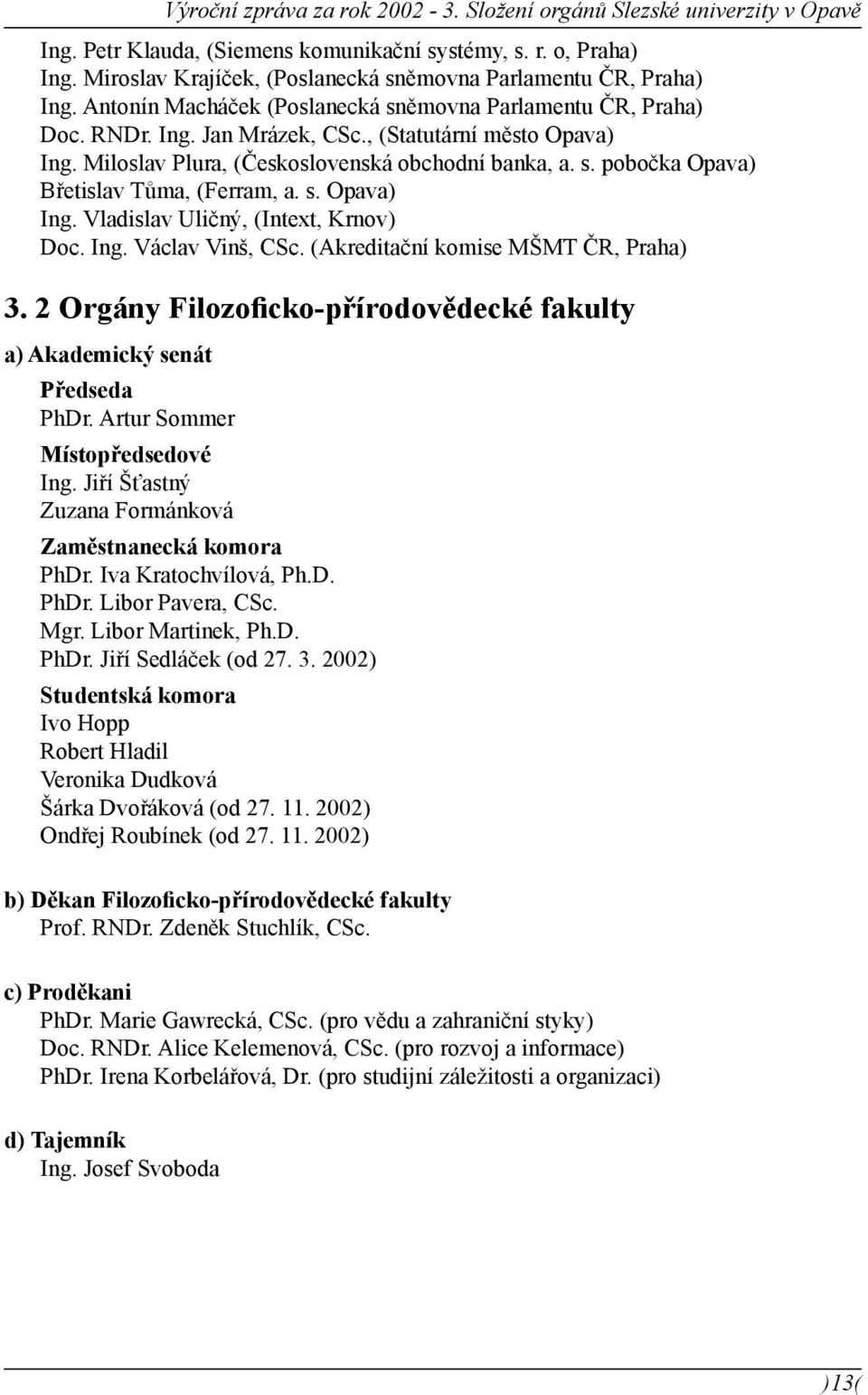 Miloslav Plura, (Československá obchodní banka, a. s. pobočka Opava) Břetislav Tůma, (Ferram, a. s. Opava) Ing. Vladislav Uličný, (Intext, Krnov) Doc. Ing. Václav Vinš, CSc.