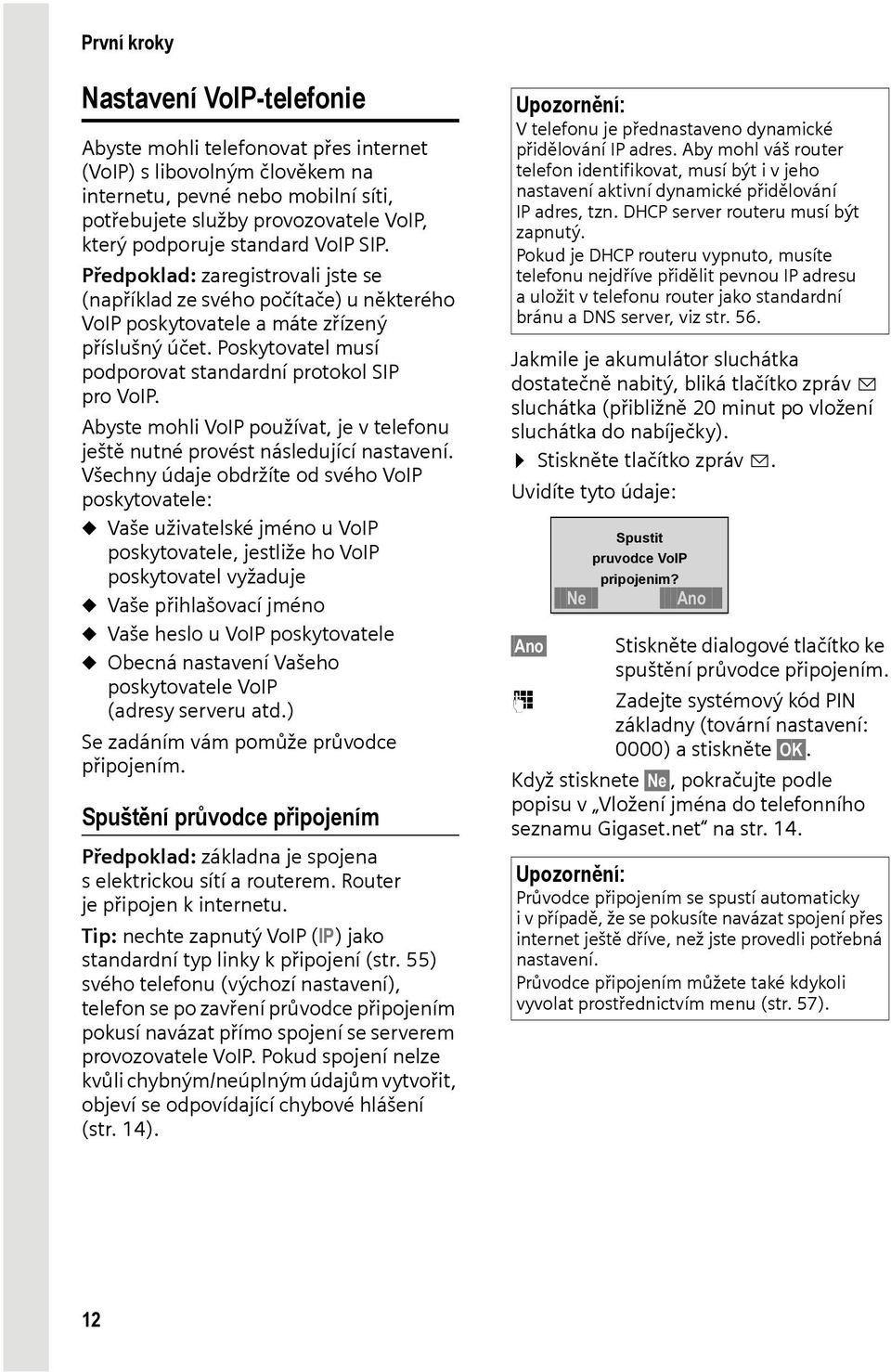 Poskytovatel musí podporovat standardní protokol SIP pro VoIP. Abyste mohli VoIP používat, je v telefonu ještě nutné provést následující nastavení.