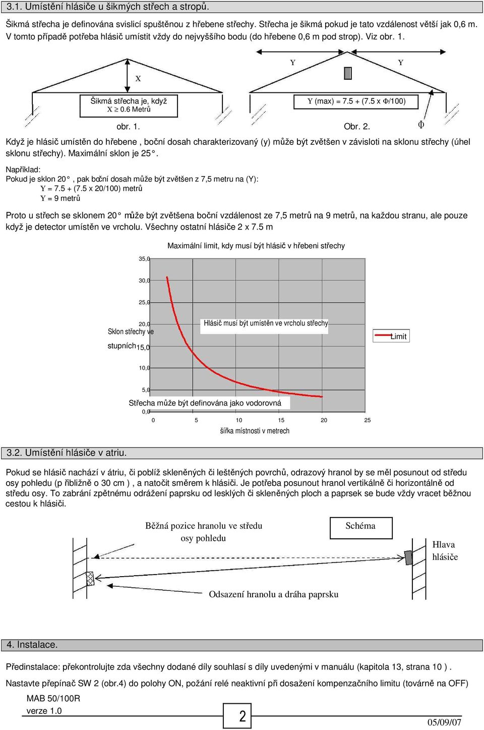 Když je hlásič umístěn do hřebene, boční dosah charakterizovaný (y) může být zvětšen v závisloti na sklonu střechy (úhel sklonu střechy). Maximální sklon je 25.