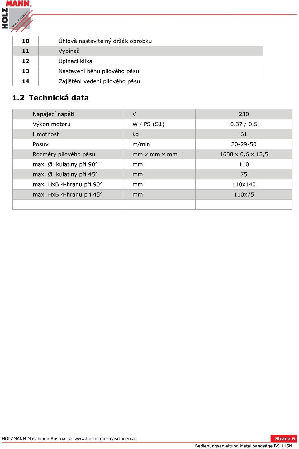 5 Hmotnost kg 6 Posuv m/min 0-9-50 Rozměry pilového pásu mm x mm x mm 638 x 0,6 x,5 max. Ø kulatiny při 90 mm 0 max.