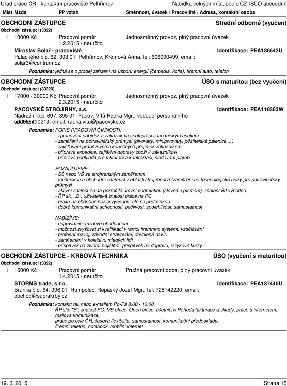 2.3.2015 - neurčito PACOVSKÉ STROJÍRNY, a.s. Identifikace: PEA118363W Nádražní č.p. 697, 395 01 Pacov, Vítů Radka Mgr., vedoucí personálního oddělení, tel: 565410213, email: radka.vitu@pacovske.