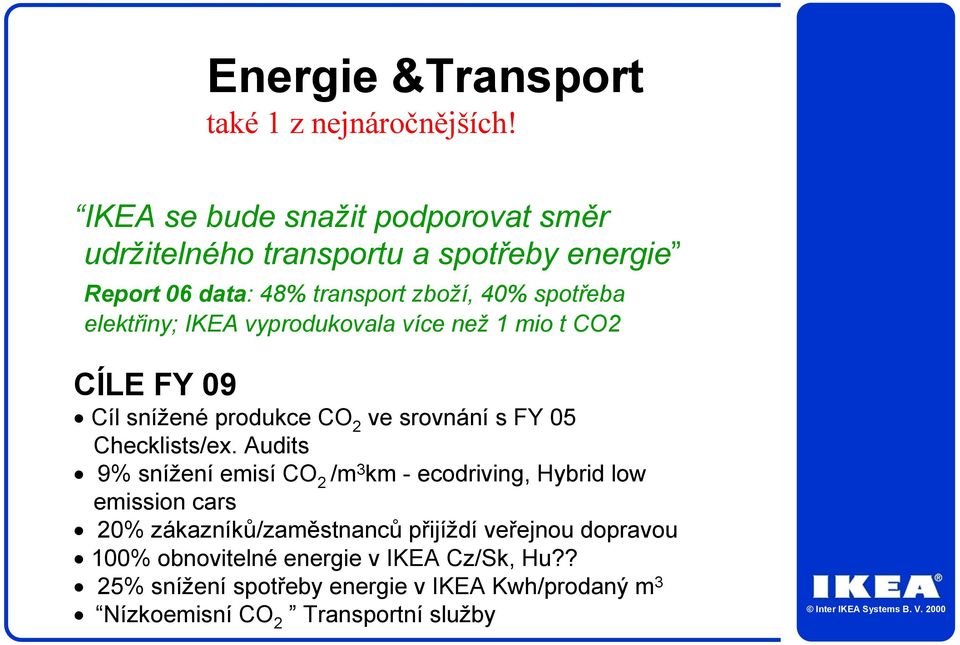 IKEA vyprodukovala více než 1 mio t CO2 CÍLE FY 09 Cíl snížené produkce CO 2 ve srovnání s FY 05 Checklists/ex.