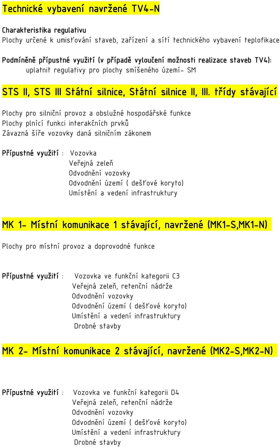 třídy stávající Plochy pro silniční provoz a obslužné hospodářské funkce Plochy plnící funkci interakčních prvků Závazná šíře vozovky daná silničním zákonem Přípustné využití : Vozovka Veřejná zeleň