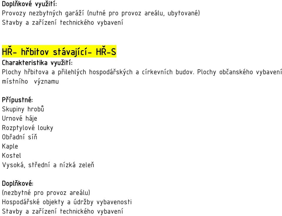 Plochy občanského vybavení místního významu Přípustné: Skupiny hrobů Urnové háje Rozptylové louky Obřadní