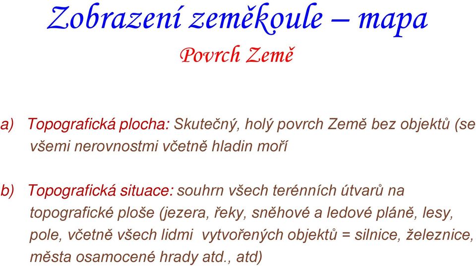 terénních útvarů na topografické ploše (jezera, řeky, sněhové a ledové pláně, lesy, pole,