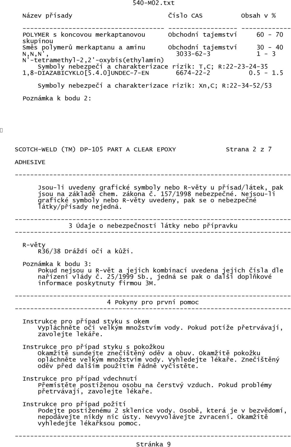 5-1.5 Symboly nebezpečí a charakterizace rizik: Xn,C; R:22-34-52/53 Poznámka k bodu 2: SCOTCH-WELD (TM) DP-105 PART A CLEAR EPOXY Strana 2 z 7 Jsou-li uvedeny grafické symboly nebo R-věty u