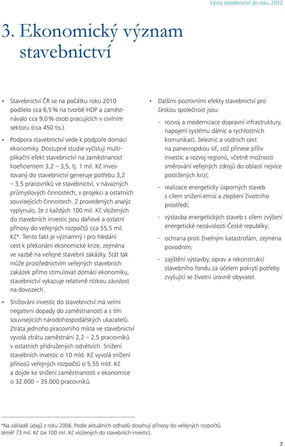 Podpora stavebnictví vede k podpoře domácí ekonomiky. Dostupné studie vyčíslují multiplikační efekt stavebnictví na zaměstnanost koeficientem 3,2 3,5, tj. 1 mil.