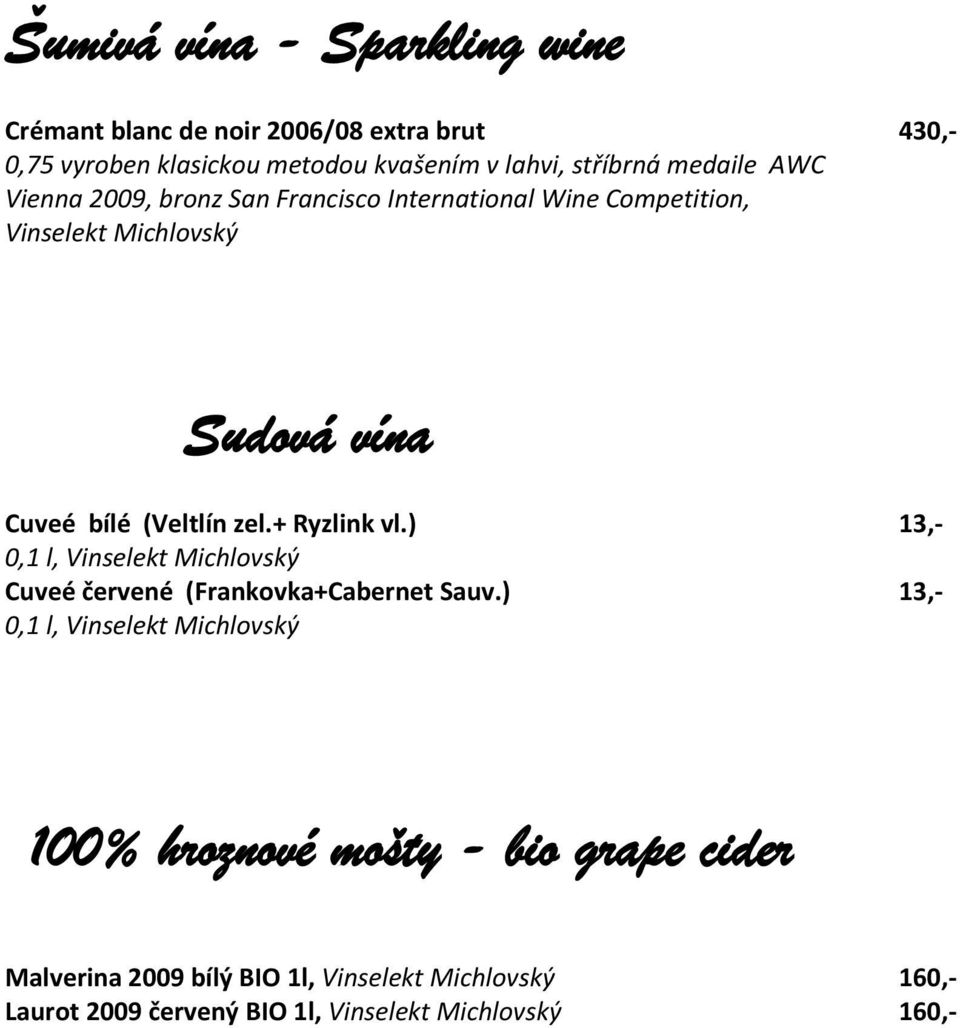 + Ryzlink vl.) 13,- 0,1 l, Vinselekt Michlovský Cuveé červené (Frankovka+Cabernet Sauv.