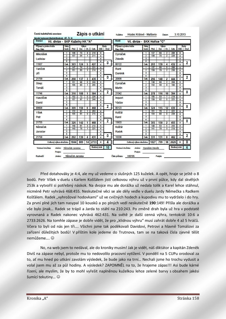 Na dvojce mu ale dorážka už nedala tolik a Karel lehce stáhnul, nicméně Petr vyhrává 468:455. Neskutečné věci se ale děly vedle v duelu Jardy Němečka s Radkem Košťálem.