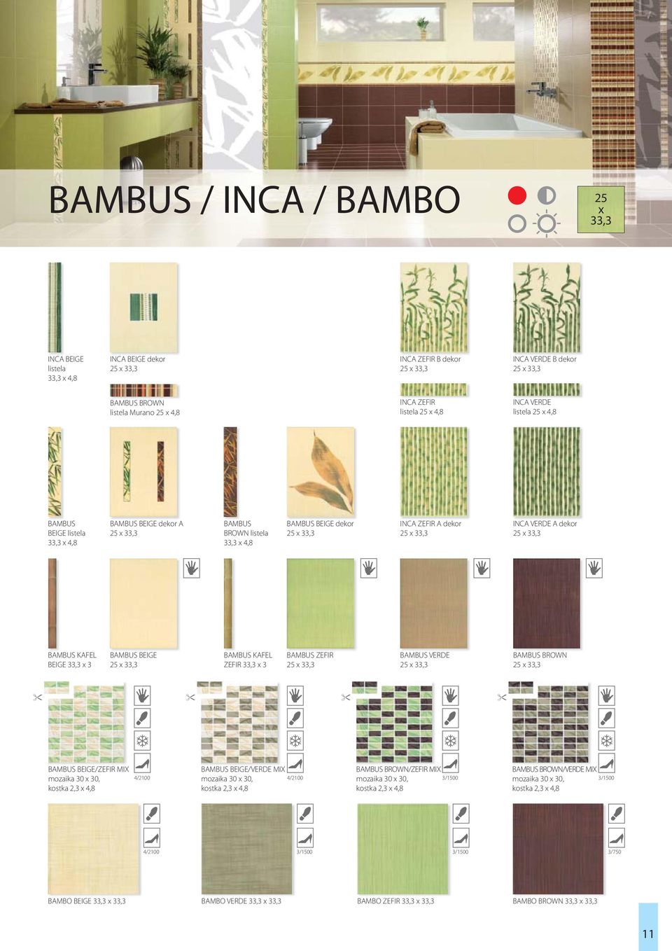 BAMBUS KAFEL BEIGE 33,3 3 BAMBUS BEIGE 25 33,3 BAMBUS KAFEL ZEFIR 33,3 3 BAMBUS ZEFIR 25 33,3 BAMBUS VERDE 25 33,3 BAMBUS BROWN 25 33,3 BAMBUS BEIGE/ZEFIR MIX mozaika 30 30, kostka 2,3 4,8 BAMBUS